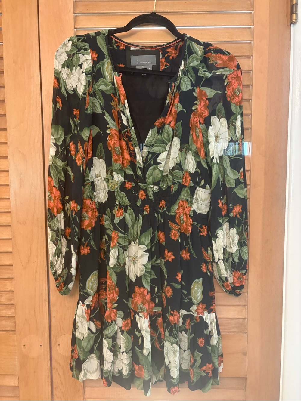 Anthropologie Long Sleeve Floral Dress Short Black w/ White and Orange Flowers S